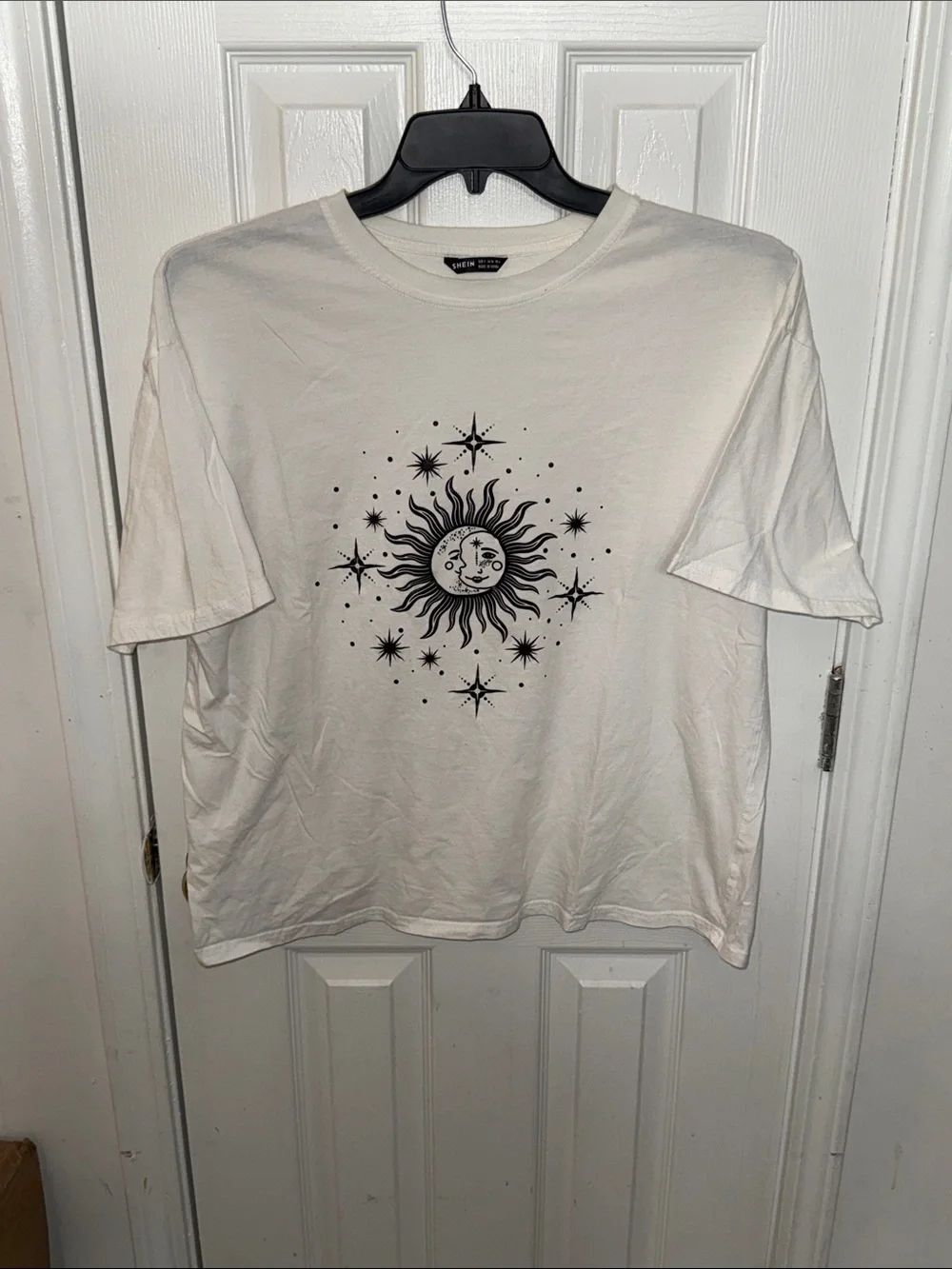 SHEIN White Tee with Black Sun & Stars Graphic